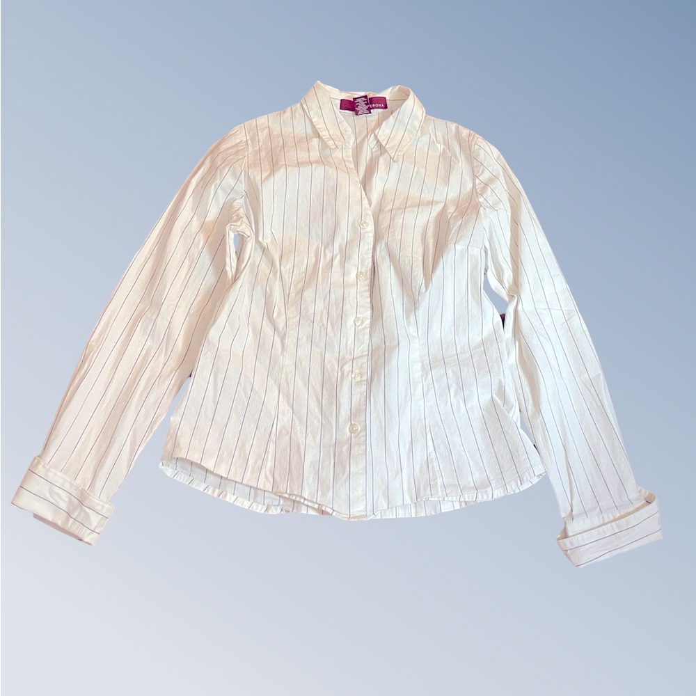 Merona white black stripe button down long sleeve blouse poplin Size MED cotton